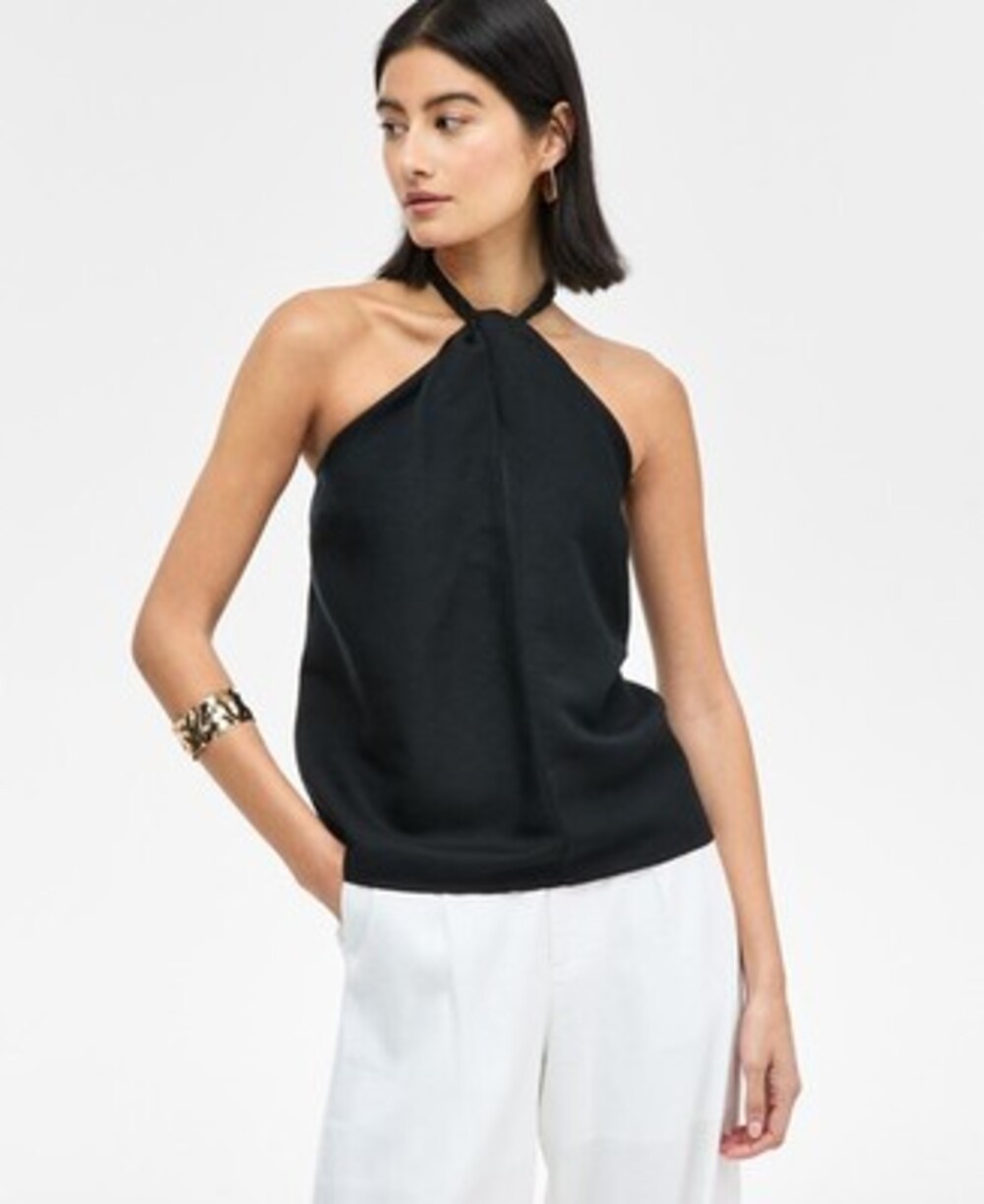INC International Concepts Linen-Blend Braided Halter Top Women's S Deep Black